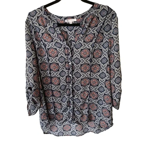 DR2 Women’s Large Blue & Salmon Pink Paisley Bohemian Button Up Blouse. - Picture 2 of 11